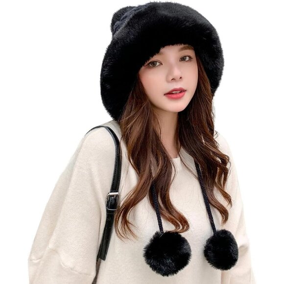 Women\'s Fur Hat with Pompom Winter Knit Beanie Russian Ushanka Trapper Ear Cover